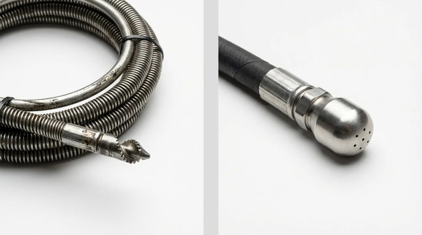 Drain snake cable and hydro jetting nozzle used for drain cleaning in Beverly Hills, CA
