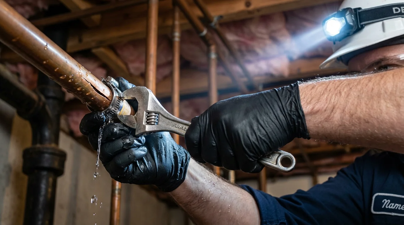 Emergency pipe clamp repair being performed by a Johns Plumbing LLC plumber in Beverly Hills