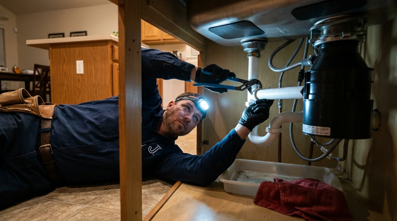 P-trap and supply line connections under a kitchen sink showing a common leak point in Beverly Hills, CA